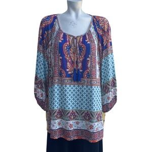 Cato XL Boho Paisley Print Tassel Neck Long Sleeve Tunic Top Blouse Women